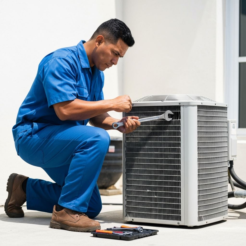 Técnico consertando condensadora de ar condicionado